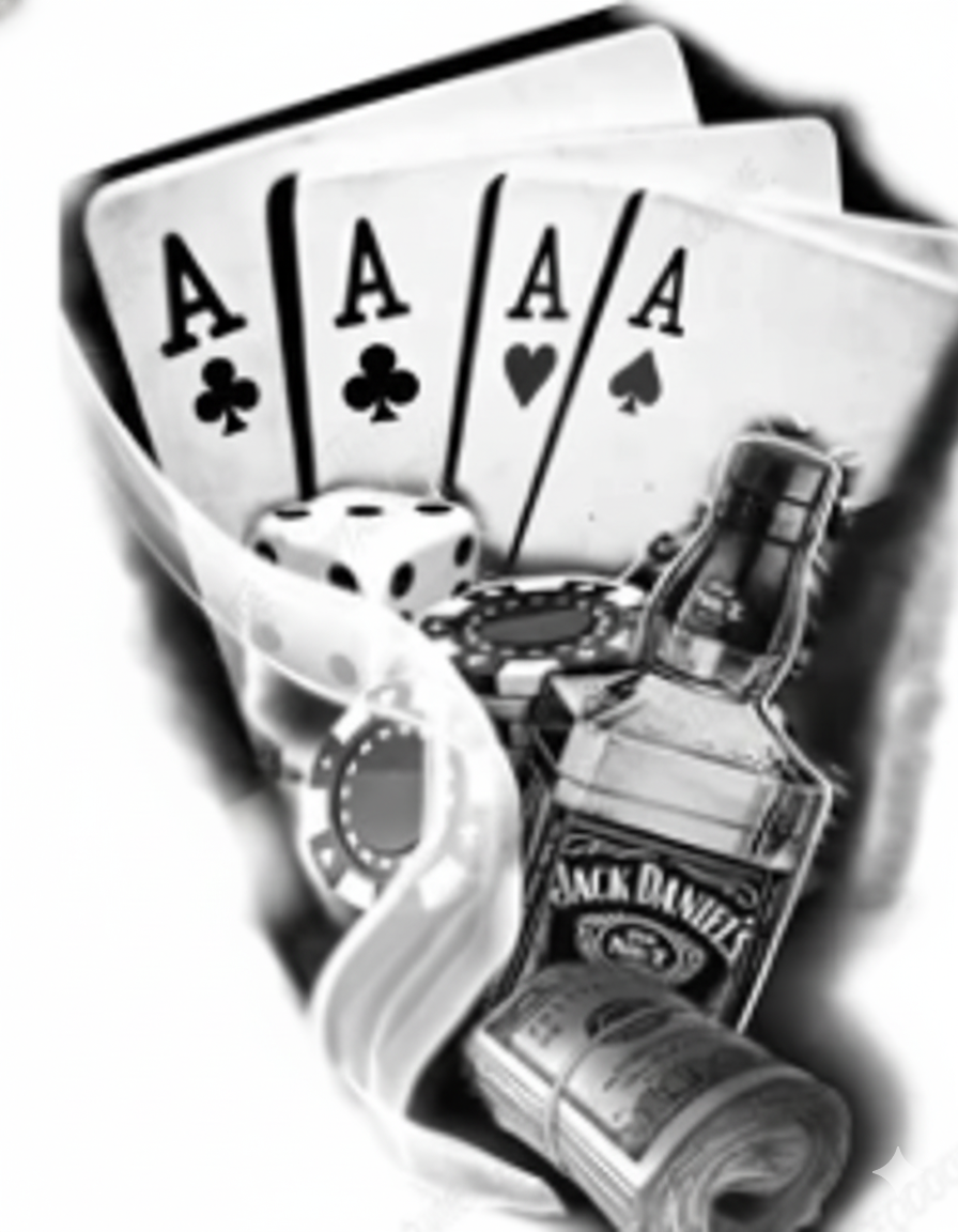Nesne ★ Jack Daniels Viski, Dört As İskambil Kartları ve Dolar (Geçici Dövme)