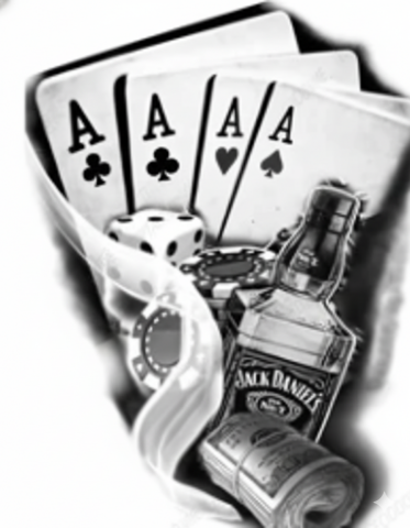 Nesne ★ Jack Daniels Viski, Dört As İskambil Kartları ve Dolar (Geçici Dövme)