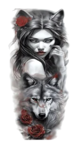 Kadın Figürleri ★ Kurt Kadın ve Kurt, Güller (Geçici Dövme)