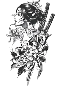 Kadın Figürleri ★ Samuray Kız, Kılıç, Gül, Yılan Dövmesi Modeli (Geçici Dövme)