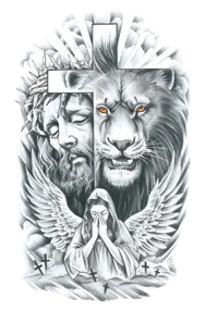 Efsanevi ★ İsa Mesih, Haç, Aslan, Ağlayan Melek Modeli (Geçici Dövme)