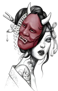 Kadın Figürleri ★ Asyalı Şeytan Maskeli Kadın (Geçici Dövme)